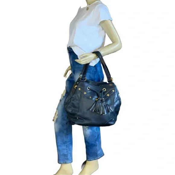 MCM BLUE LEATHER DRAWSTRING TOTE BAG WITH TASSEL & STUD DECORATIONS Totes